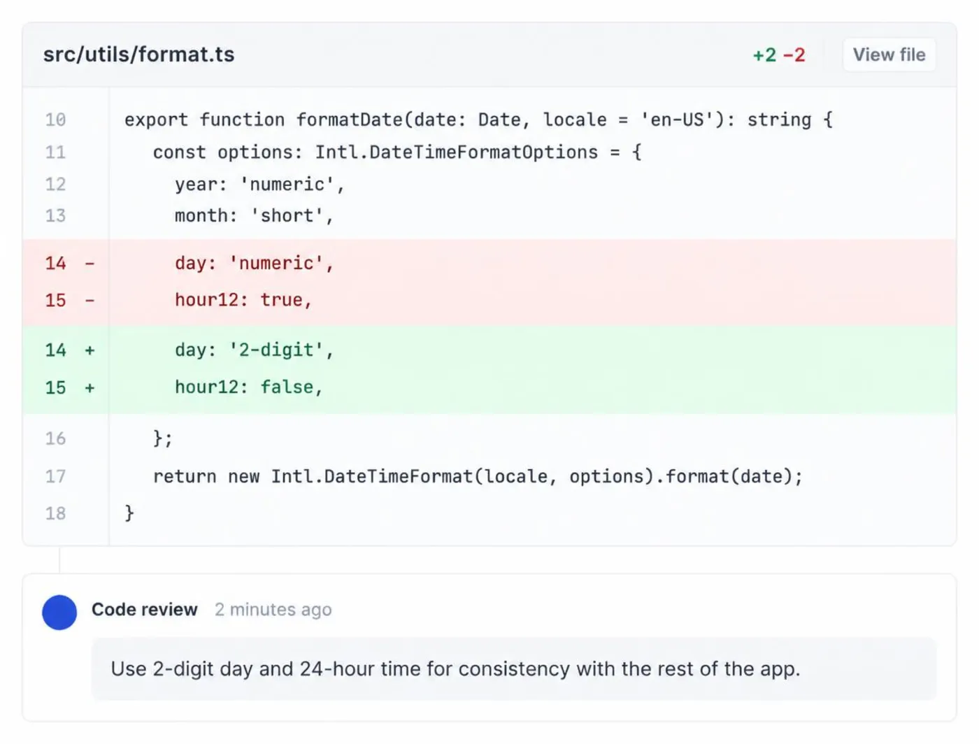 Code review diff with a small fix and a review comment