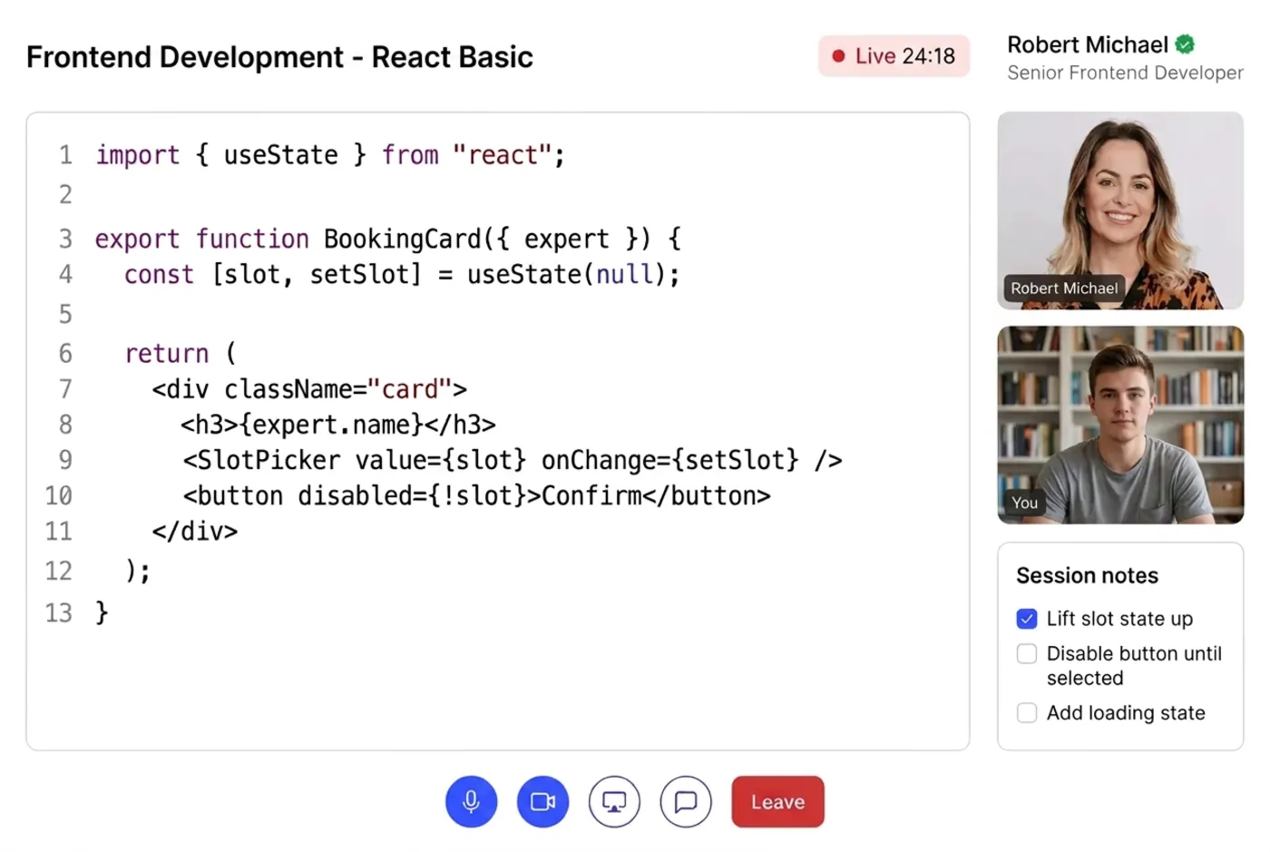 Synq live session with a shared code editor, video tiles and session notes